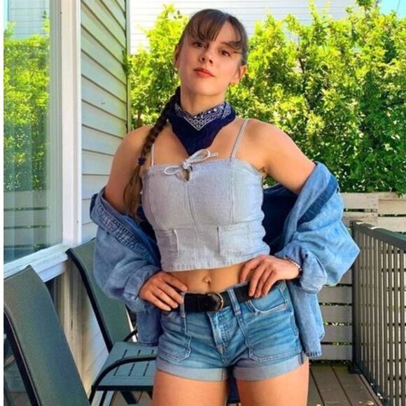 AE Light Blue Pin Stripe Vintage Wash Railroad Denim Cropped Spaghetti Top - Picture 8 of 17